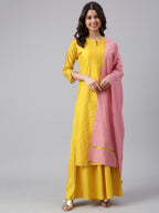 Janasya Women's Yellow Chanderi Silk Woven Kurta With Palazzo And Dupatta | Grocsy