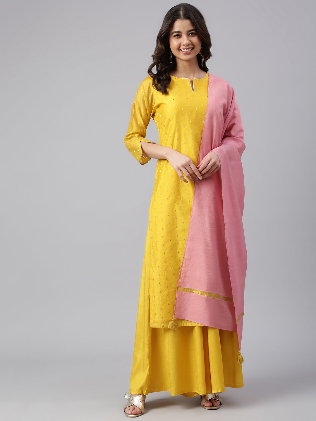 Janasya Women's Yellow Chanderi Silk Woven Kurta With Palazzo And Dupatta | Grocsy