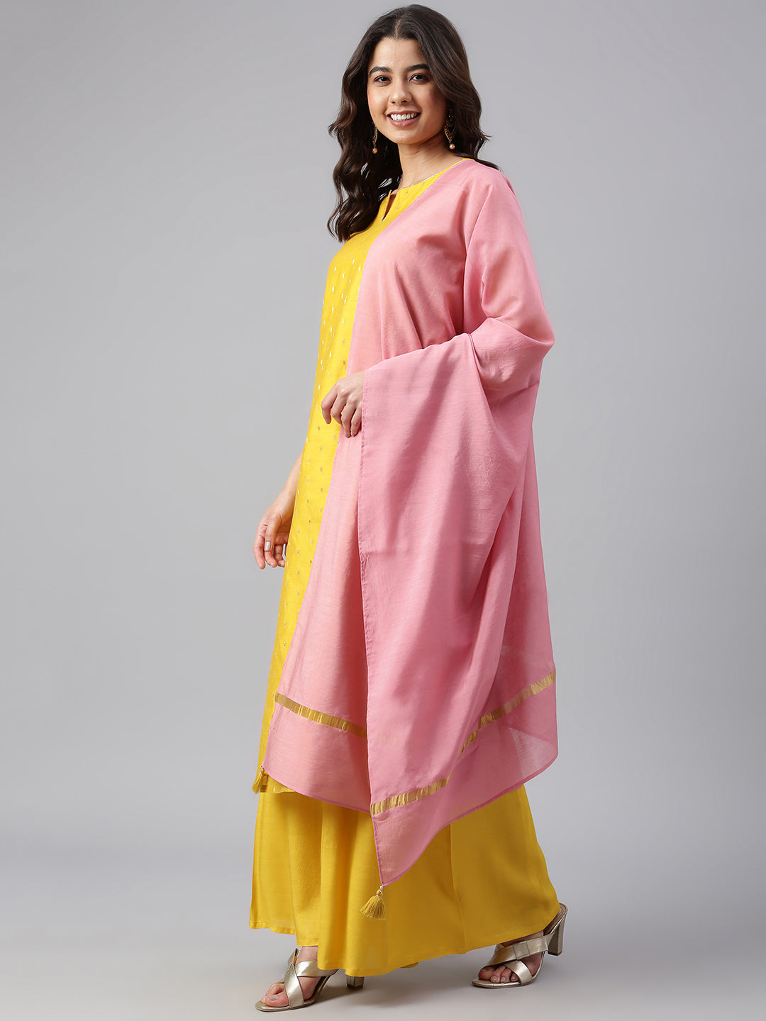 Janasya Women's Yellow Chanderi Silk Woven Kurta With Palazzo And Dupatta | Grocsy