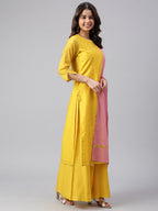 Janasya Women's Yellow Chanderi Silk Woven Kurta With Palazzo And Dupatta | Grocsy