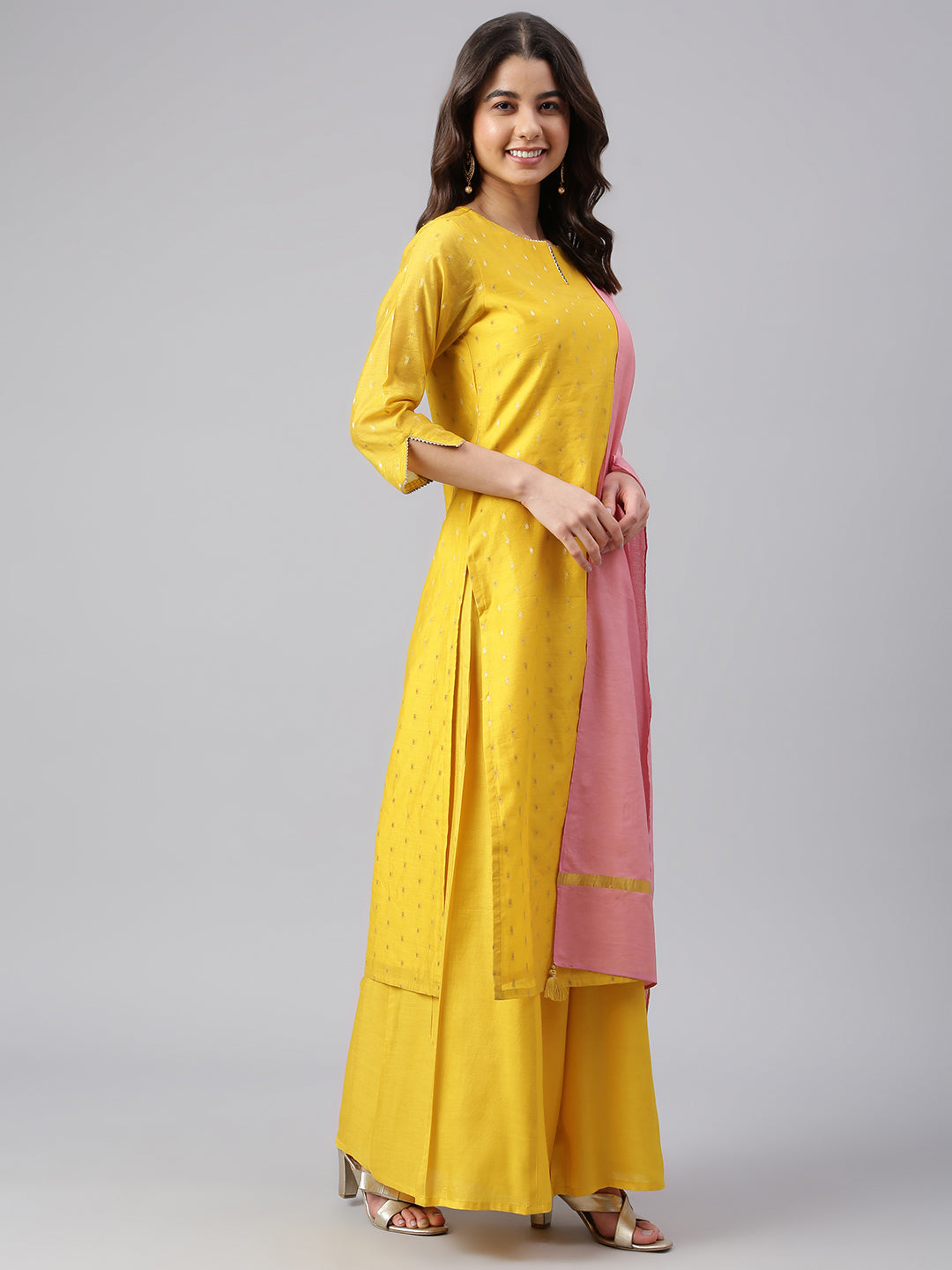 Janasya Women's Yellow Chanderi Silk Woven Kurta With Palazzo And Dupatta | Grocsy