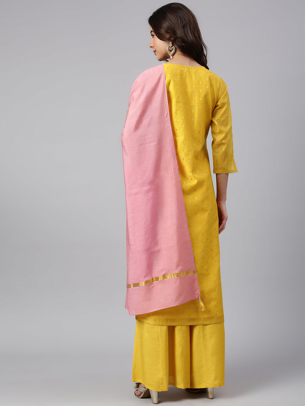 Janasya Women's Yellow Chanderi Silk Woven Kurta With Palazzo And Dupatta | Grocsy