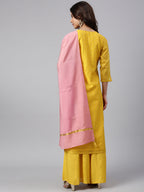 Janasya Women's Yellow Chanderi Silk Woven Kurta With Palazzo And Dupatta | Grocsy