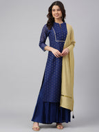 Janasya Women's Dark Blue Chanderi Silk Woven Kurta With Sharara And Dupatta | Grocsy