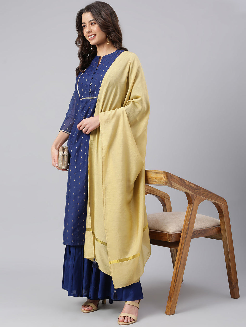 Janasya Women's Dark Blue Chanderi Silk Woven Kurta With Sharara And Dupatta | Grocsy