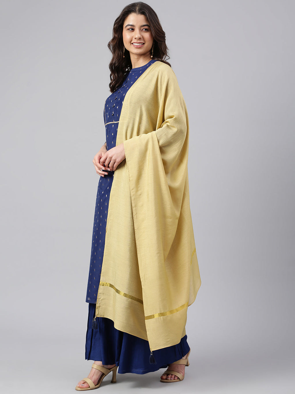 Janasya Women's Dark Blue Chanderi Silk Woven Kurta With Sharara And Dupatta | Grocsy