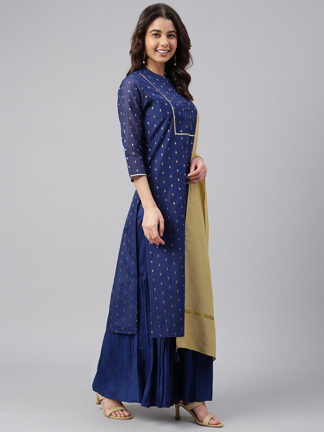 Janasya Women's Dark Blue Chanderi Silk Woven Kurta With Sharara And Dupatta | Grocsy