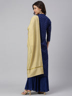 Janasya Women's Dark Blue Chanderi Silk Woven Kurta With Sharara And Dupatta | Grocsy