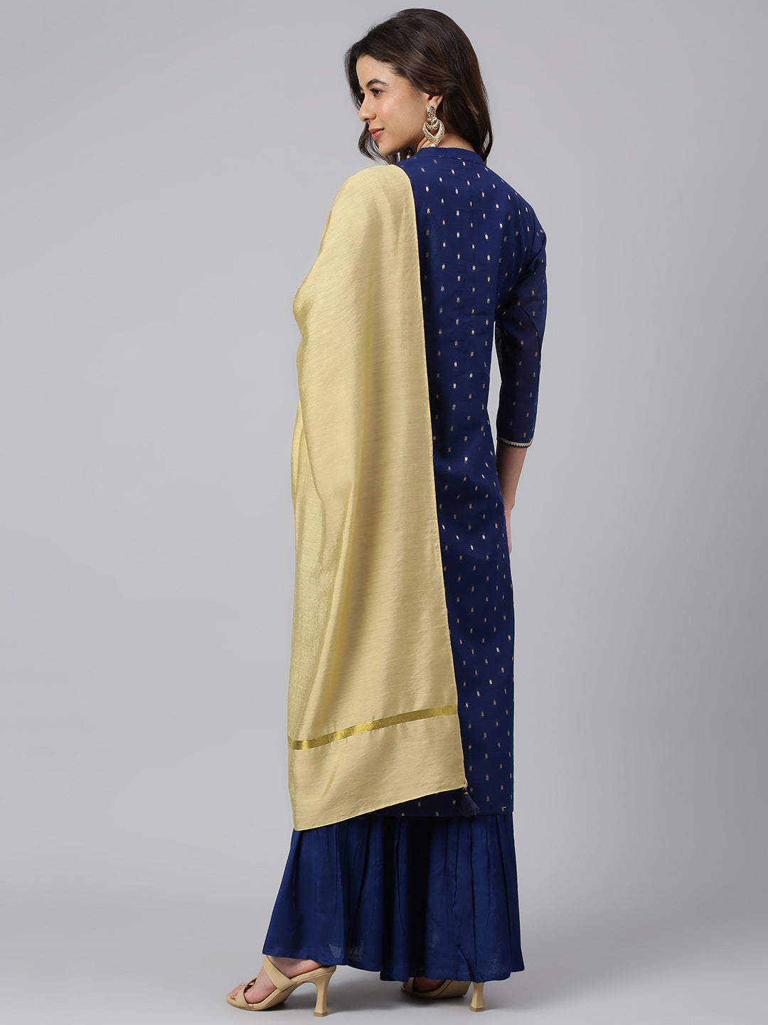 Janasya Women's Dark Blue Chanderi Silk Woven Kurta With Sharara And Dupatta | Grocsy