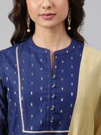Janasya Women's Dark Blue Chanderi Silk Woven Kurta With Sharara And Dupatta | Grocsy