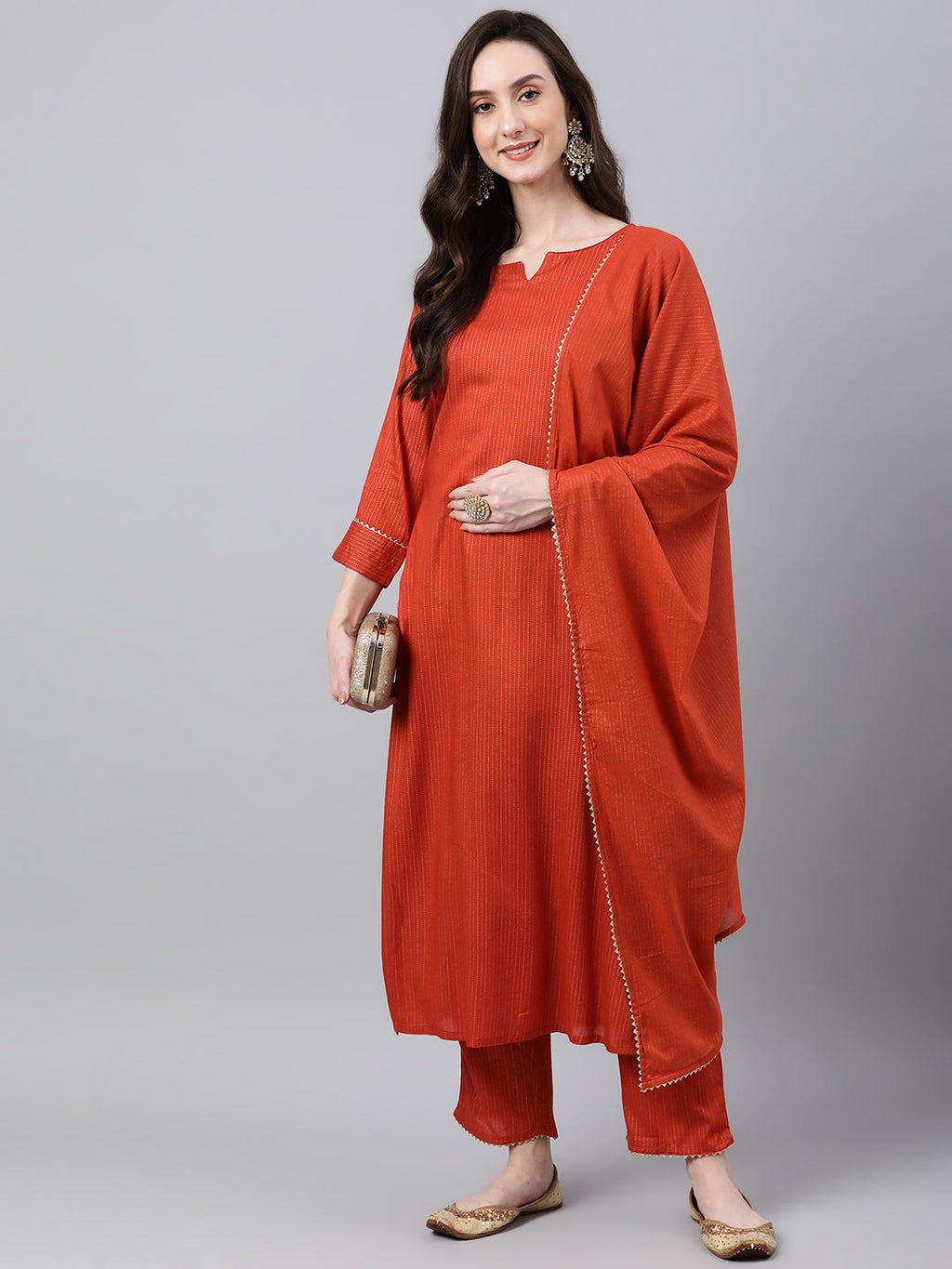 Janasya Women's Orange Rayon Striped Kurta With Pant And Dupatta | Grocsy
