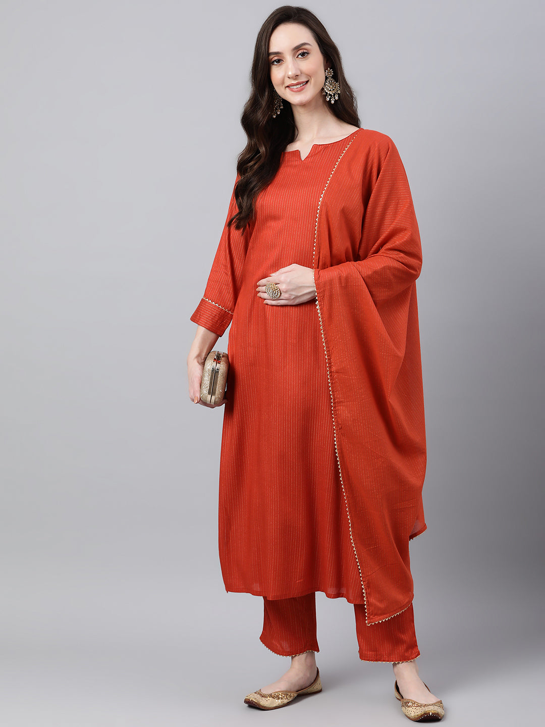 Janasya Women's Orange Rayon Striped Kurta With Pant And Dupatta | Grocsy
