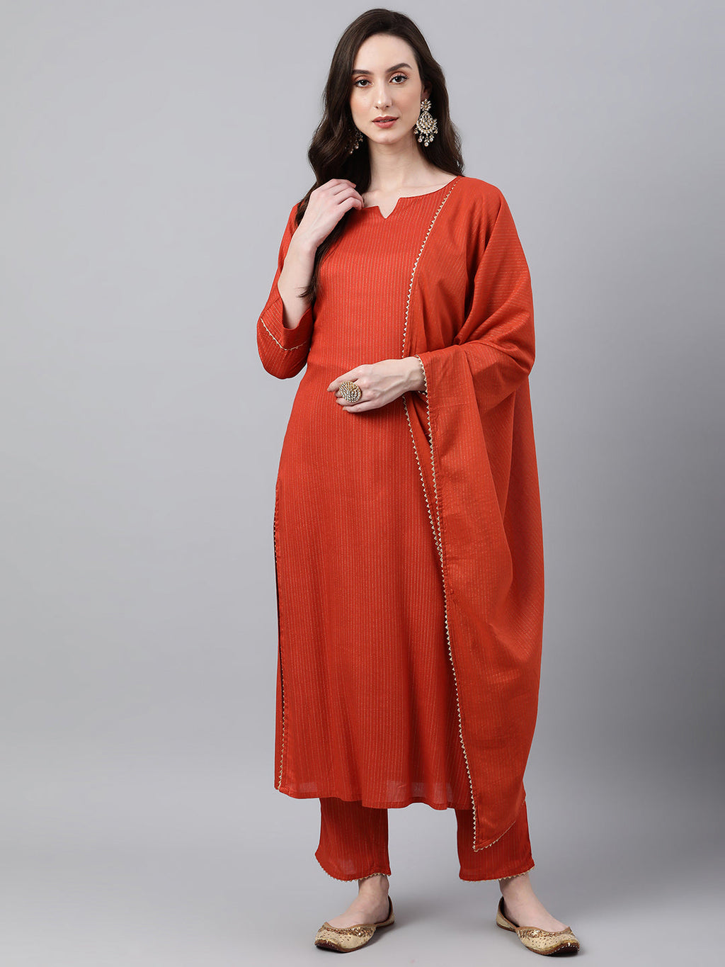Janasya Women's Orange Rayon Striped Kurta With Pant And Dupatta | Grocsy