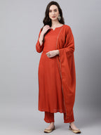 Janasya Women's Orange Rayon Striped Kurta With Pant And Dupatta | Grocsy