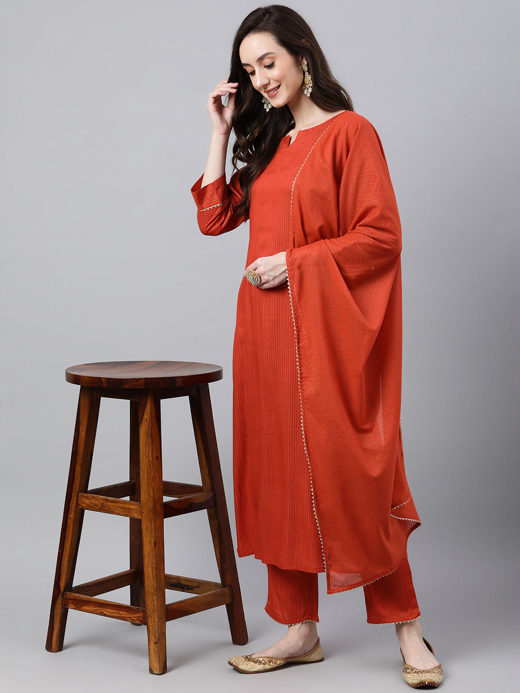 Janasya Women's Orange Rayon Striped Kurta With Pant And Dupatta | Grocsy
