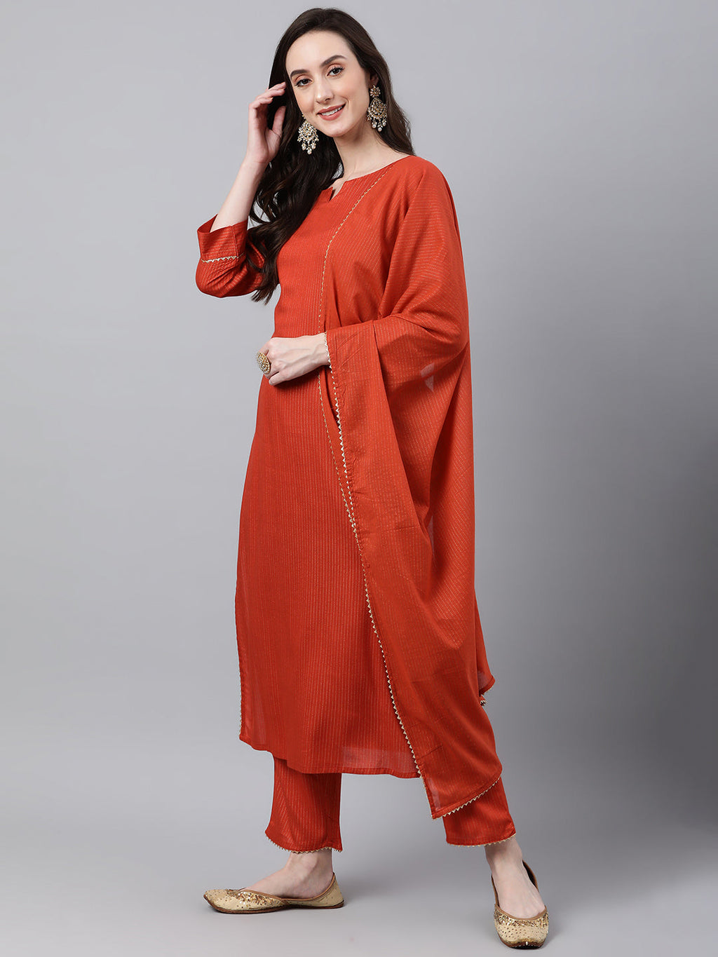Janasya Women's Orange Rayon Striped Kurta With Pant And Dupatta | Grocsy