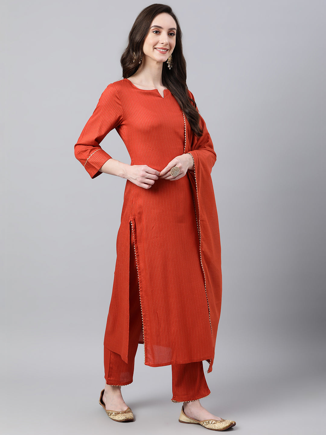 Janasya Women's Orange Rayon Striped Kurta With Pant And Dupatta | Grocsy