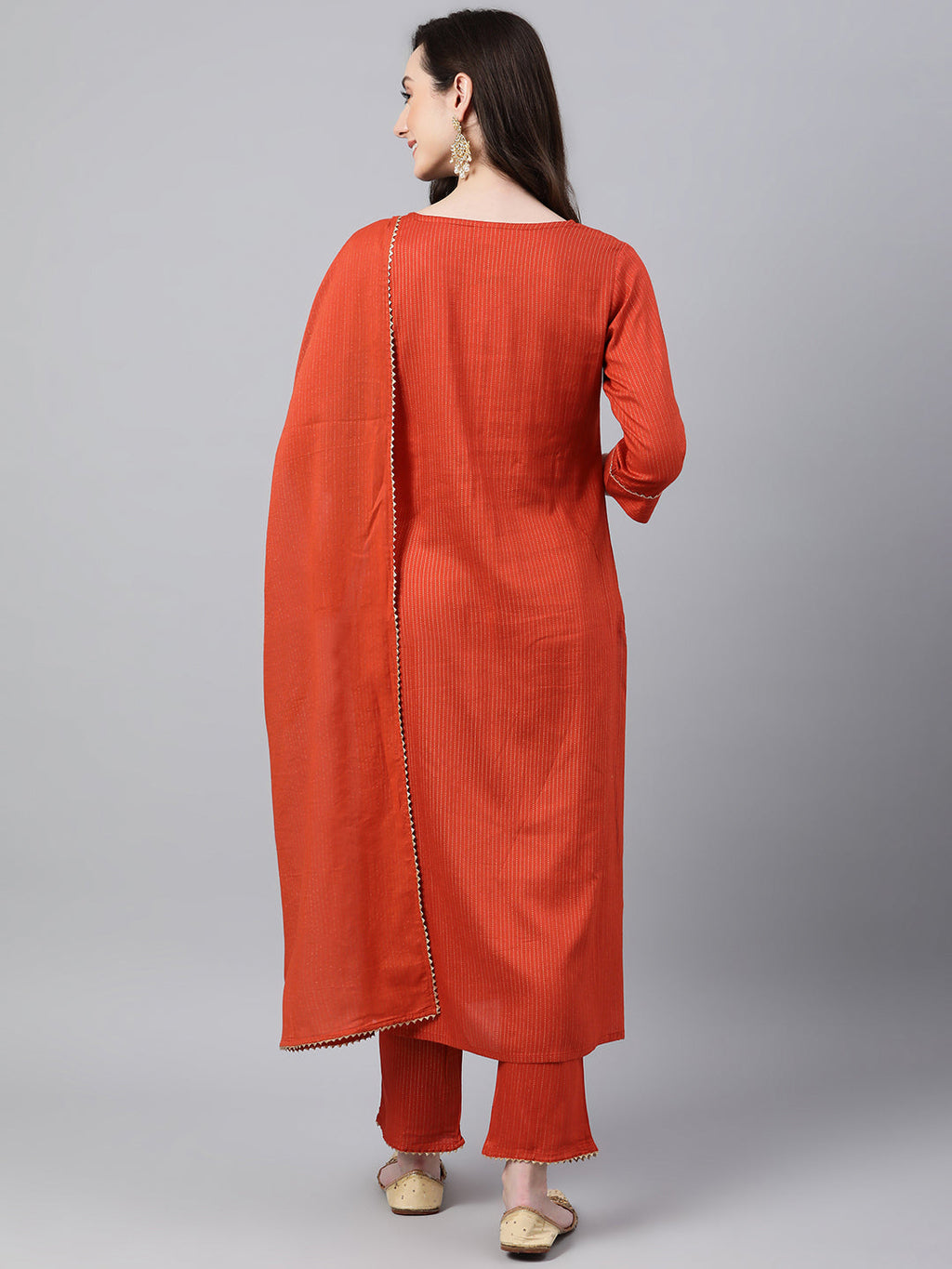 Janasya Women's Orange Rayon Striped Kurta With Pant And Dupatta | Grocsy