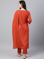 Janasya Women's Orange Rayon Striped Kurta With Pant And Dupatta | Grocsy