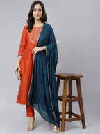 Janasya Women's Rust Orange Poly Silk Solid Kurta With Pant And Dupatta | Grocsy