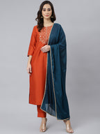 Janasya Women's Rust Orange Poly Silk Solid Kurta With Pant And Dupatta | Grocsy