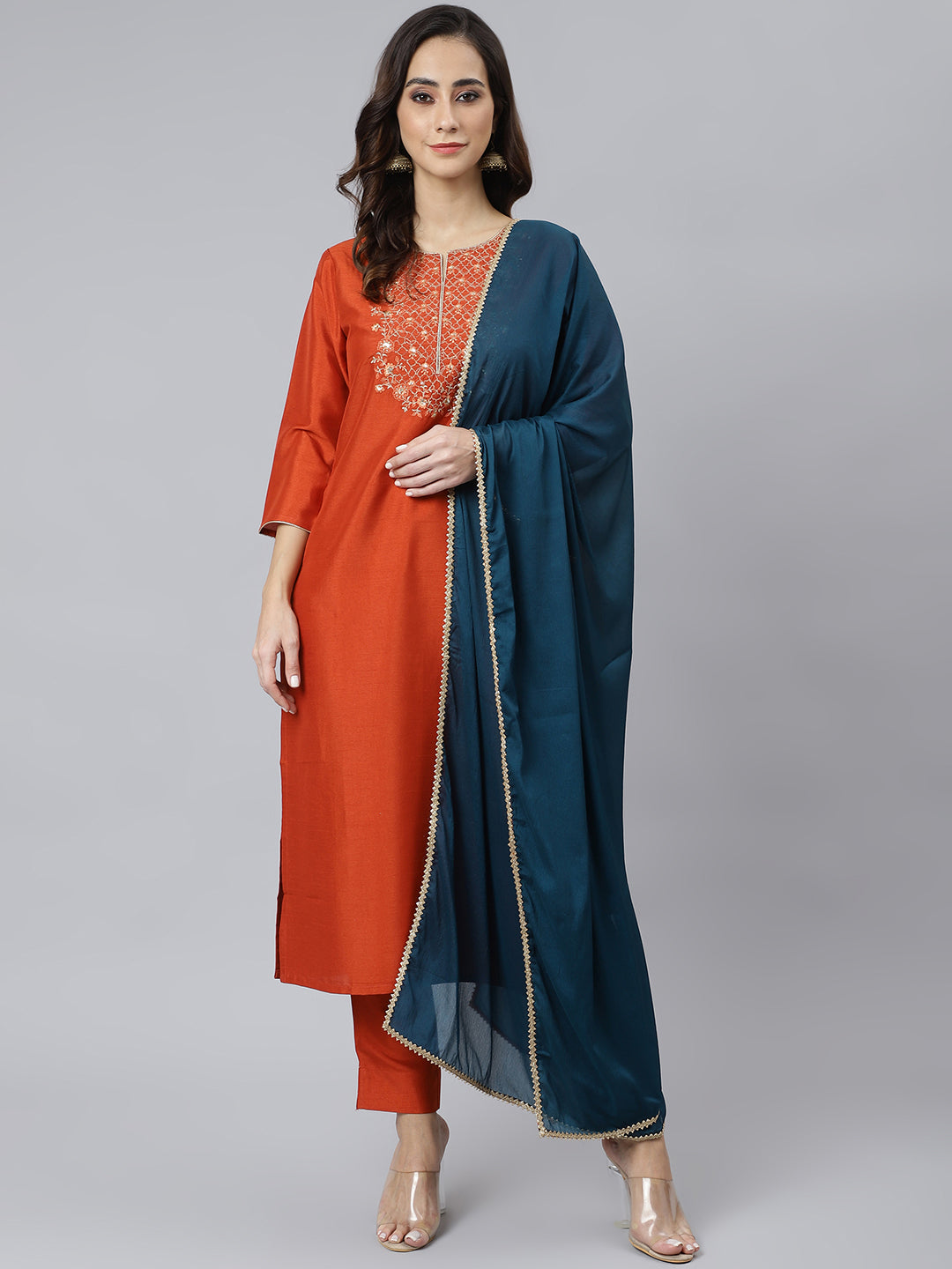 Janasya Women's Rust Orange Poly Silk Solid Kurta With Pant And Dupatta | Grocsy