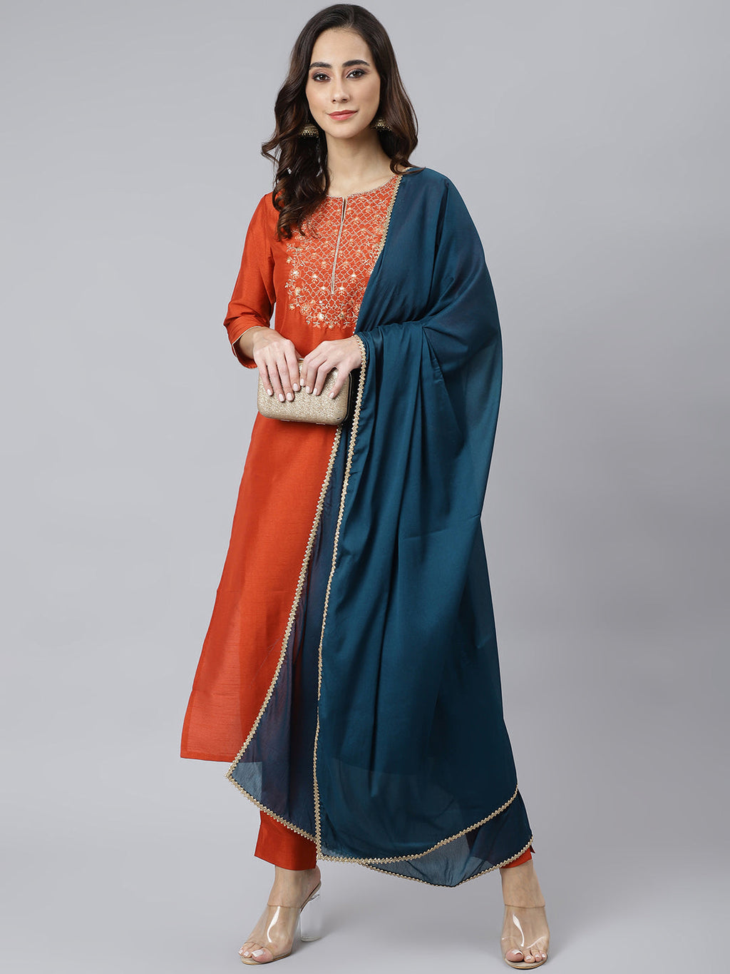 Janasya Women's Rust Orange Poly Silk Solid Kurta With Pant And Dupatta | Grocsy