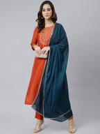 Janasya Women's Rust Orange Poly Silk Solid Kurta With Pant And Dupatta | Grocsy