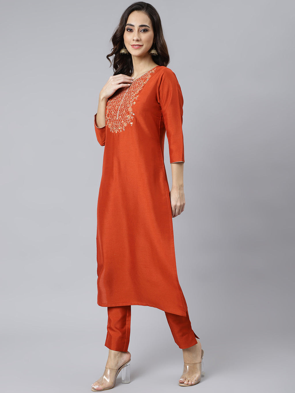 Janasya Women's Rust Orange Poly Silk Solid Kurta With Pant And Dupatta | Grocsy