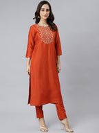 Janasya Women's Rust Orange Poly Silk Solid Kurta With Pant And Dupatta | Grocsy