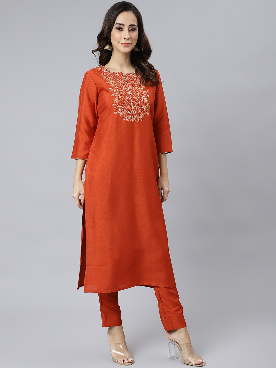 Janasya Women's Rust Orange Poly Silk Solid Kurta With Pant And Dupatta | Grocsy
