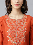 Janasya Women's Rust Orange Poly Silk Solid Kurta With Pant And Dupatta | Grocsy