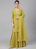 Janasya Women's Yellow Cotton Solid Kurta With Sharara And Dupatta | Grocsy