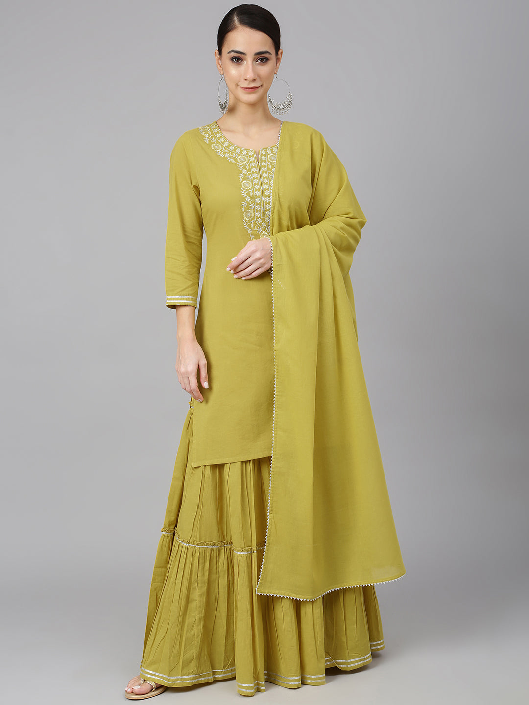 Janasya Women's Yellow Cotton Solid Kurta With Sharara And Dupatta | Grocsy
