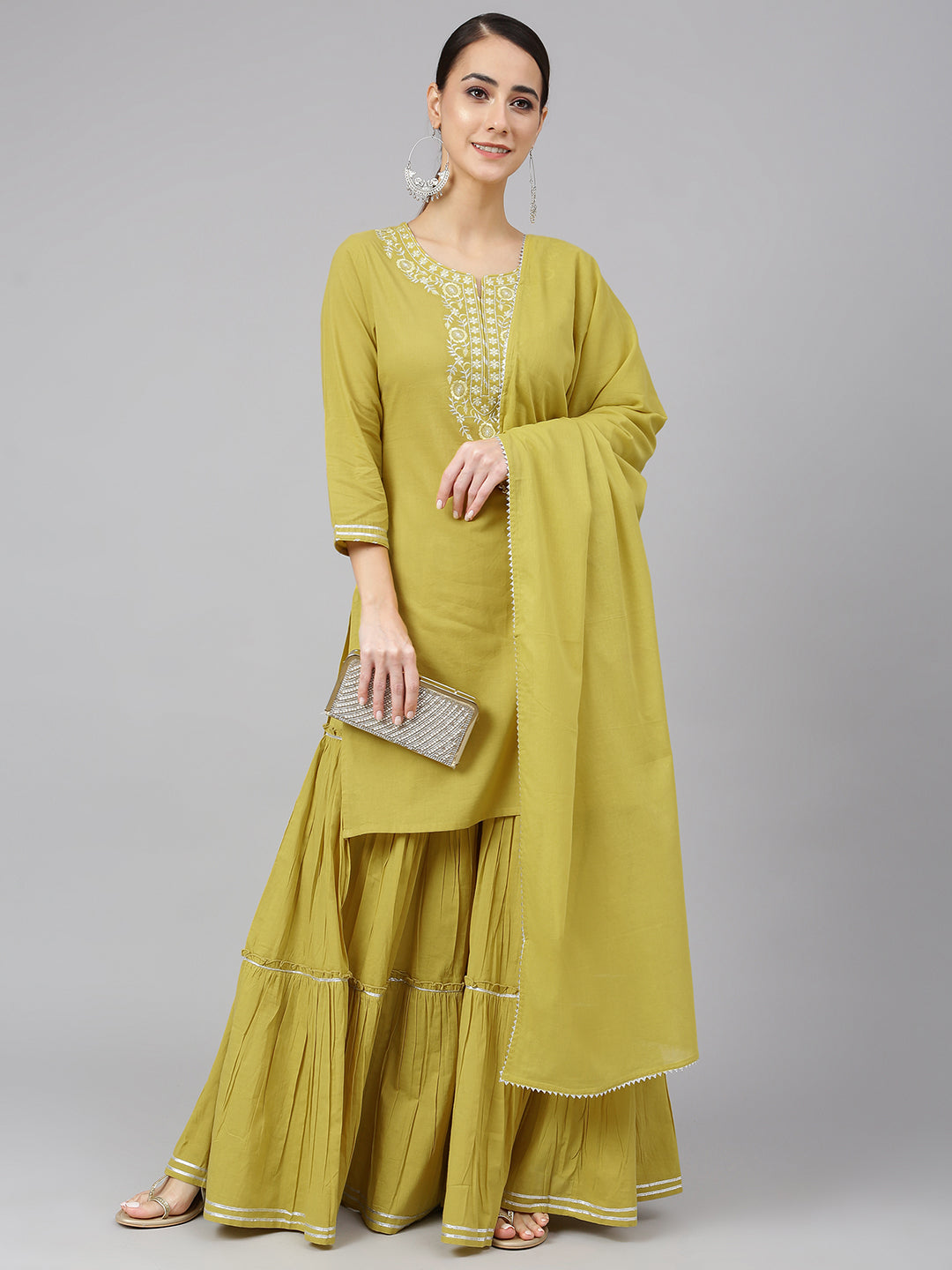 Janasya Women's Yellow Cotton Solid Kurta With Sharara And Dupatta | Grocsy