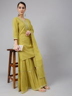 Janasya Women's Yellow Cotton Solid Kurta With Sharara And Dupatta | Grocsy