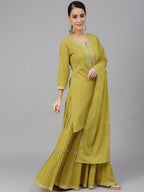 Janasya Women's Yellow Cotton Solid Kurta With Sharara And Dupatta | Grocsy
