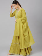Janasya Women's Yellow Cotton Solid Kurta With Sharara And Dupatta | Grocsy