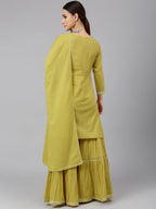 Janasya Women's Yellow Cotton Solid Kurta With Sharara And Dupatta | Grocsy