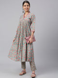 Janasya Women's Sea Green Cotton Floral Print Kurta With Pant | Grocsy