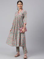 Janasya Women's Sea Green Cotton Floral Print Kurta With Pant | Grocsy
