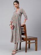 Janasya Women's Sea Green Cotton Floral Print Kurta With Pant | Grocsy
