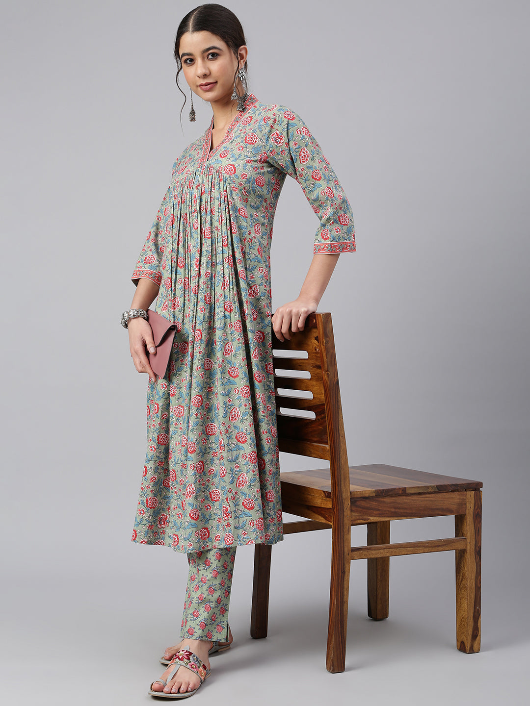 Janasya Women's Sea Green Cotton Floral Print Kurta With Pant | Grocsy
