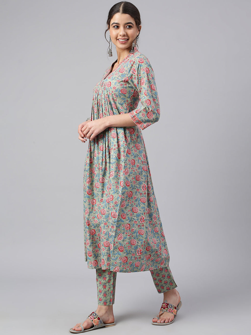 Janasya Women's Sea Green Cotton Floral Print Kurta With Pant | Grocsy