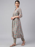 Janasya Women's Sea Green Cotton Floral Print Kurta With Pant | Grocsy