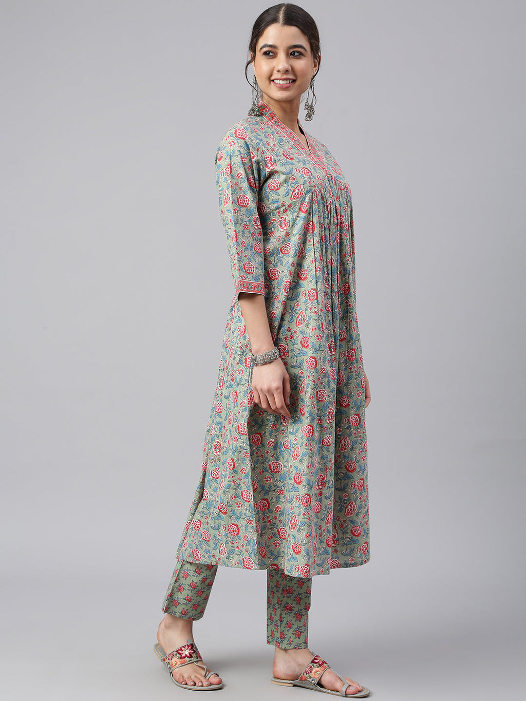 Janasya Women's Sea Green Cotton Floral Print Kurta With Pant | Grocsy