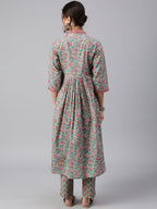 Janasya Women's Sea Green Cotton Floral Print Kurta With Pant | Grocsy