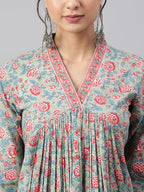 Janasya Women's Sea Green Cotton Floral Print Kurta With Pant | Grocsy
