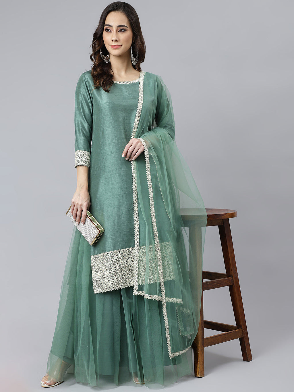 Janasya Women's Mint Green Chinon Solid Kurta With Skirt And Dupatta | Grocsy