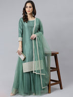 Janasya Women's Mint Green Chinon Solid Kurta With Skirt And Dupatta | Grocsy